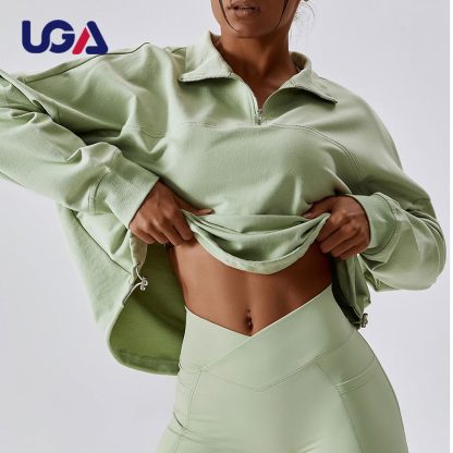 High Quality Custom Pullover Cropped Sweatshirt Drop Shoulder Women Half Zip Pullover Hoodie - Image 4