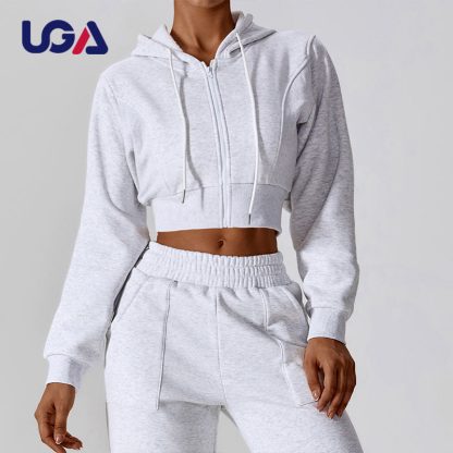 OEM Warm Cotton Women Sportswear Running Fitness Workout Hoodie with Zipper - Image 3
