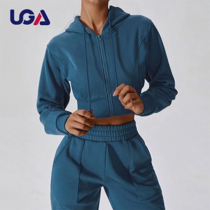 OEM Warm Cotton Women Sportswear Running Fitness Workout Hoodie with Zipper - Image 4
