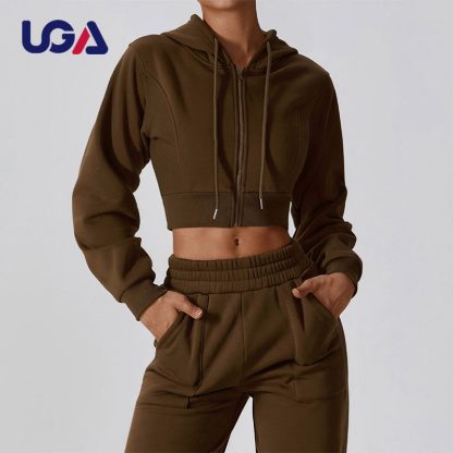 OEM Warm Cotton Women Sportswear Running Fitness Workout Hoodie with Zipper - Image 5