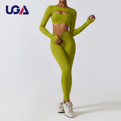 High Quality 3pcs Sports Wear Women Lady Long Sleeve Tops Sports Bra YogaLeggings Set - Image 3