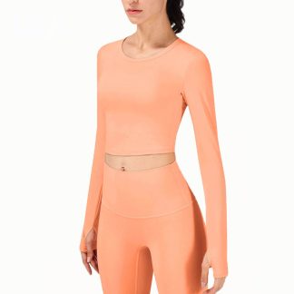 Women Athletic Workout Yoga Crop Top Long Sleeve Fitness Yoga Sports Gym Shirt