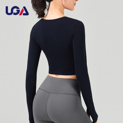 Women Athletic Workout Yoga Crop Top Long Sleeve Fitness Yoga Sports Gym Shirt - Image 2
