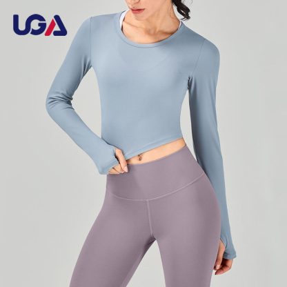 Women Athletic Workout Yoga Crop Top Long Sleeve Fitness Yoga Sports Gym Shirt - Image 3