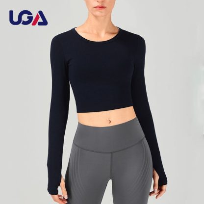 Women Athletic Workout Yoga Crop Top Long Sleeve Fitness Yoga Sports Gym Shirt - Image 4