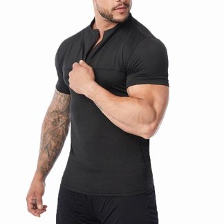 Oversized Gym Front Zipper Fitting Short Sleeve Compressed Build Up Men Jersey T Shirt