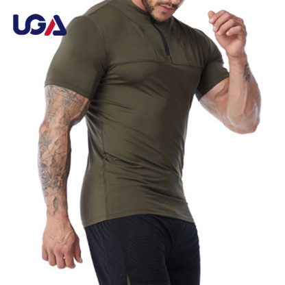 Oversized Gym Front Zipper Fitting Short Sleeve Compressed Build Up Men Jersey T Shirt - Image 4