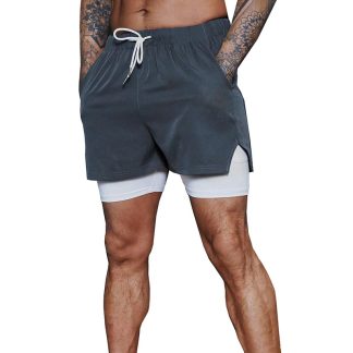 Men Compression 2 In 1 Polyester Fitness Pocket Gym Short Workout Sports Running Mens Shorts