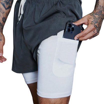 Men Compression 2 In 1 Polyester Fitness Pocket Gym Short Workout Sports Running Mens Shorts - Image 3